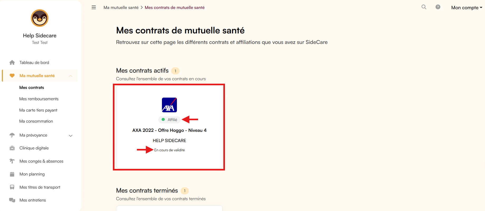 Capture écran de la page "Mes contrats" montrant une affiliation active