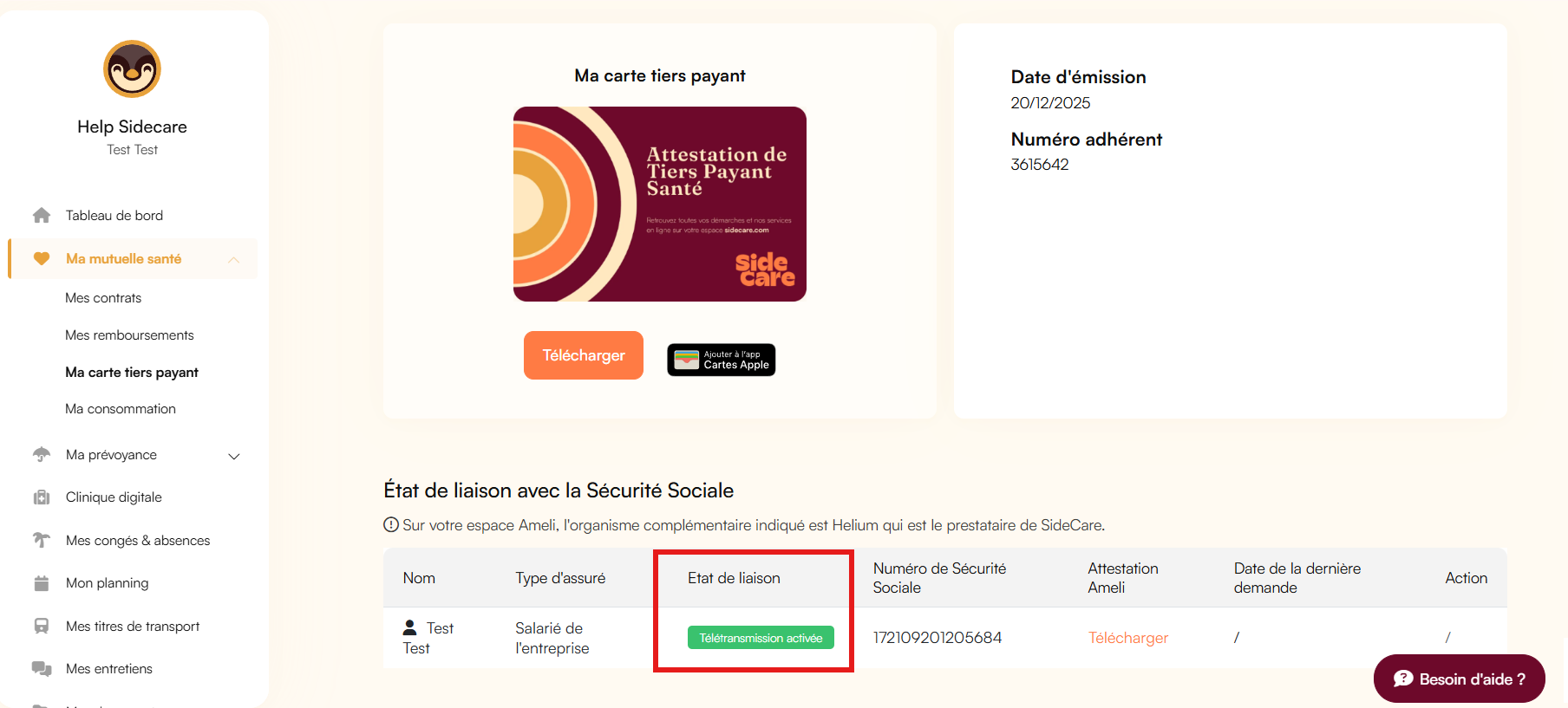 Capture écran de la page "Ma carte tiers payant" affichant l'état de la télétransmission